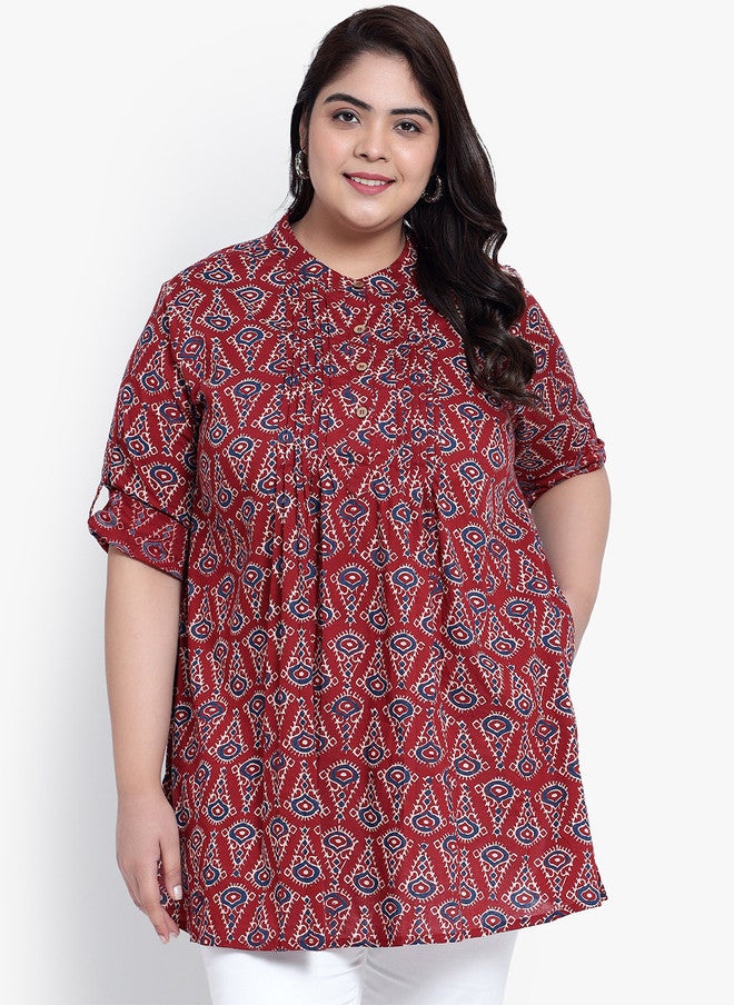 Indietoga Plus Size Geometric Printed Cotton Casual Tunic - Image 1